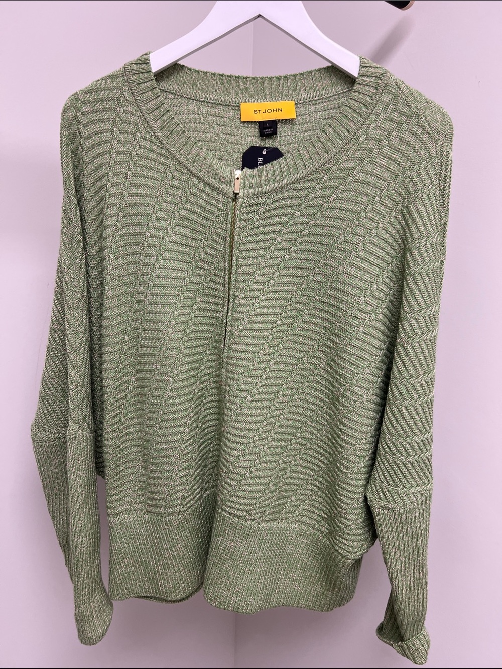 St. John Light Green Zip-Front Crew Neck Sweater